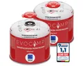 EVOCAMP Gaskartusche Butan Propan 300g, Schraubventil passend für Weber Q100/1200, Zubehör für Campingkocher, Gaskocher, Bunsenbrenner, Lötbrenner, Gasgrill, Gaslampe, 2 St., Einweg, 300 g, EN 417, Sicherheitsventil