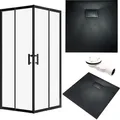 SET Duschkabine + Duschwanne 80x80 193 cm - Quadratisch Transparent Gehärtet Nano Glas 6 mm Schwarz Steinoptik SMC inkl. Siphon | BADLAND HELA VIDAR - Transparent/Schwarz