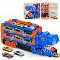STILVORA Spielfahrzeuge, Kinder Dinosaurier Auto Spielzeug, Handbetriebener Pull-Back Wagen, Mit 6 Metallautos, Fressender Dinosaurier, Transformierbar, Gleitet und Einfach Aufbewahrbar