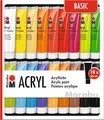 Marabu 1210000000201 - Acrylfarben Set Basic, mit 18 x 36 ml Farbe, auf Wasserbasis, für viele Untergründe geeignet, schnell trocknend, wasserfest und lichtecht