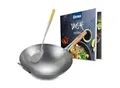 CLP Wok-Set aus Karbonstahl I Flacher oder runder Boden für Gas, Induktion und Grill I Wokpfanne mit Holzgriff, Rezeptbuch & Wokwender