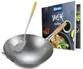 CLP Wok-Set aus Karbonstahl I Flacher oder runder Boden für Gas, Induktion und Grill I Wokpfanne mit Holzgriff, Rezeptbuch & Wokwender, Form:rund