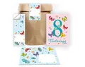 Junapack 12 Einladungskarten zum 8. Kindergeburtstag achte Geburtstag Mädchen Schmetterlinge incl. 12 Umschläge, 12 Tüten/natur, 12 Aufkleber