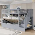 Merax Etagenbett Hochbett 90x200 cm mit hydraulischem Unterbett, Kinderbett mit Stauraumtreppe, Regalfächer, Jugendbett mit Sicherheitsgeländer, Grau