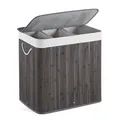 Mondeer Wäschekorb mit Deckel, Wäschesammler aus Bambus, 3 Fächern, 150L, Wäschebox mit abnehmbarem Deckel, mit waschbarem Futter, für Waschküche, Schlafzimmer, 61.5 x 40 x 60 cm, Lichtgroen