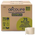 œcolife Bambus Toilettenpapier, 75 Rollen, 3-lagig, Ungebleicht in natürlichem Beige, 180 Blatt pro Rolle, Frei von Kolophonium & Chlor, Nachhaltig & Plastikfrei verpackt