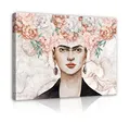 Leinwandbild Frida Kahlo Blumen Frau Abstrakt Pfingstrosen 100x75 cm - Groß Leinwand Bilder Wohnzimmer Schlafzimmer Modern Wandbild Wandbilder Wand Bild auf Leinwand Kunstdruck Aufhängefertig