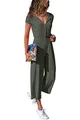 Cassiecy Jumpsuit Damen Elegant Kurzarm Playsuit V-Ausschnitt Casual Lose Overalls Lang Romper (XL, Grün)