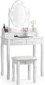 COSTWAY Schminktisch mit Hocker, 360° drehbarem Spiegel und 10 dimmbaren LED-Birnen, Frisiertisch aus Tisch und Abnehmbarer Oberteil, Kosmetiktisch mit 4 Schubladen, 75 x 40 x 146 cm (Weiß)