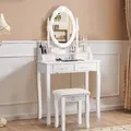 Costway Schminktisch Mit Hocker, 360° Drehbarem Spiegel Und 10 Dimmbaren Led-birnen, Frisiertisch Aus Tisch Und Abnehmbarer Oberteil, Kosmetiktisch Mit 4 Schubladen, 75 X 40 X 146 Cm Weiss