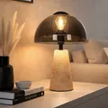 Tischleuchte Tischlampe Schlafzimmerlampe Travertine Stein Glas rauch LED H 31cm