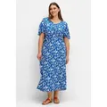 Sommerkleid SHEEGO "Große Größen", Damen, Gr. 46, Normalgrößen, kobalt bedruckt, Obermaterial: 97% Viskose (LENZING ECOVERO), 3% Elasthan, gemustert, feminin, figurumspielend lang, V-Ausschnitt, Kurzarm, Kleider, mit Knotendetail in der Taille