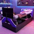 STILVORA Jugendbett 90×200cm, Kinderbett im E-Sport-Stil mit Kunstlederbezug in Farbblockoptik, LED-Beleuchtung mit Farbwechsel, hydraulischem Sta... - Blau