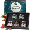 Gepp's Feinkost Mini Danke Geschenkbox I Geschenkkorb mit 2 Gewürz-Variationen, 2 fruchtigen Konfitüren und einer Edelsauce I perfekt zum Verschenken oder selbst genießen