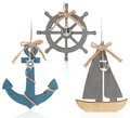 com-four® 3x Hängedeko mit Boot, Steuerrad und Anker aus Holz - Schifffahrt Deko zum Aufhängen - Maritime Hängedeko für zu Hause