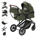 Daliya® FLEXI-PRO M 2in1 Kombikinderwagen & Buggy – XXL-Set, Reise-Kinderwagen mit Einhand-Abnahme, Wetterschutz, Sportsitz, Wickeltasche, Spieltisch, Regenschutz, dicke Matratze (Olivgrün)