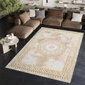 TAPISO Ares Teppich Kurzflor Glänzend Creme Beige Rahmen Marmoreffekt Rosette Klassisch 3D Effekt Wohnzimmer Schlafzimmer ÖKO-TEX 200 x 300 cm