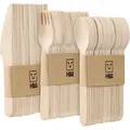 H&S Einweg Holzbesteck Set - 150 Stück Party Besteck - Je 50 Stück Löffel Messer Gabeln - Cutlery Set - Einwegbesteck stabil - Holzlöffel Messer - Braun