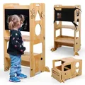 Olvy Lernturm Für Kinder, 3 in 1 Montessori Lernturm, Lernturm ab 1 Jahr, Learning Tower, Küchenturm Kinder, Kindertreppe Faltbar, Trittleiter Holz