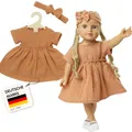 Heless 1425 - Puppenkleidung aus Musselin, 100% Bio-Baumwolle, 2-teiliges Set mit Kleid und Haarband in Karamell für Puppen und Kuscheltiere der Größe 28-35 cm