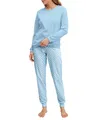 CALIDA Lovely Nights Bündchen-Pyjama, Schlafanzug Damen, 100% Baumwolle, hautfreundlich, weich, pflegeleicht Cascade Blue 40-42