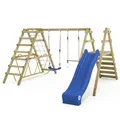 WICKEY Kinderschaukel Schaukelgestell Smart Shake mit Blauer Rutsche und Kletteranbau, Schaukel, Schaukelgerüst, Doppelschaukel, Holzschaukel für den Garten