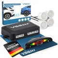 VSG24 Premium Einparkhilfe hinten mit Display zum nachrüsten am Auto, PDC Parksensoren hinten mit Stecksystem für einfachste Montage - 4 Rückfahrwarner Sensoren Parkhilfe Nachrüstsatz Weiß