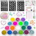 Gigmeta Glitzer Tattoo Set, 18 Farben Temporäre Glitzertattoo mit 138 Schablonen, 5 Pinsel, 3 Cartoon-Aufkleber, 2 Kleber und 1 Schwamm