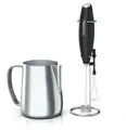 Arendo Milchaufschäumer mit Milchkännchen, Stab Handmilchaufschäumer elektrisch + Milchkanne, Edelstahl, 350ml mit Messskala, Schneebesen und Dual-Quirl