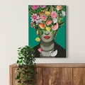 Leinwandbild Blumengesicht - Kunstdruck grün bunt - 50x70 Hochformat - Wanddekoration Wohnzimmer - Bild auf Keilrahmen