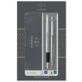 Parker Jotter Duo-Geschenkset mit Kugelschreiber und Füller | Edelstahl mit Chromzierteilen | Nachfüllmine und -patronen mit blauer Tinte | Geschenkbox