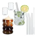 Relaxdays Trinkgläser 4er Set, Wassergläser, gewellt, spülmaschinenfest, Strohhalme, für Eiskaffee, 350 ml, transparent