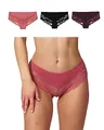 Snocks 3er Pack Hipster Lace - Damen Baumwolle Panties mit Spitze - Unterhose Damen Slip - Gr. L - Farbe Mix (Mauve/Wine/Schwarz)