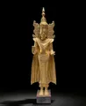 Gekrönte Jambupati Buddha Statue Birma Teak Holz Skulptur Schutzgeste vergoldet