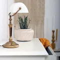 Bankerleuchte Tischlampe Schreibtischleuchte bronze Glas Wohnzimmerleuchte weiß