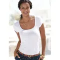 Kurzarmshirt LASCANA, Damen, Gr. 44/46, beige (creme), Obermaterial: 95% Viskose, 5% Elasthan, Kurzarm, Shirts