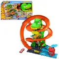 Hot Wheels Spielzeugauto-Trackset, City T-Rex Feuerschlacht Spielset und Die-Cast-Fahrzeug im Maßstab 1:64, über 45 cm groß, mehrere Rennausgänge, bewegliche Dinosaurieraugen, JBM73