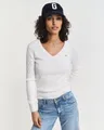 Gant Strickpullover STRETCH COTTON CABLE V-NECK mit Logostickerei auf der Brust