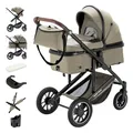 Daliya® FLEXI-PRO M 2in1 Kombikinderwagen & Buggy – XXL-Set, Reise-Kinderwagen mit Einhand-Abnahme, Wetterschutz, Sportsitz, Wickeltasche, Spieltisch, Regenschutz, dicke Matratze (Beige)