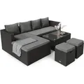 di volio Gartenmöbel-Set BOLOGNA, Terrassenmöbel Lounge Set aus Polyrattan - Ecksofa, Tisch & 2 Hockern, wetterfeste & langlebige Sitzgruppe - Schwarz/Grau