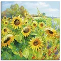 ARTLAND Wanddeko Leinwand Bilder Wandbild 50 x 50 cm Botanik Blumenwiese Sonnenblume Malerei Gelb A1QU Sommerwiese