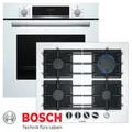 BOSCH Gasherd-Set Gas Herdset Autark Elektro Backofen Weiß + GAS Glaskeramik Kochfeld, mit 1-fach-Teleskopauszug