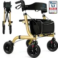 Safe Age® Rollator faltbar und leicht mit Sitz - Gehhilfe für Senioren, Rollator für die Wohnung Indoor & Outdoor - mit Rückenlehne und Gehstoc... - Gold