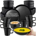 tectake® 30-tlg. Kombiservice, Geschirrset, Tafelservice 6 Personen, Steingut Geschirr Set schwarz, Teller Set mit Schalen, Kaffeetassen, Speiseteller, Frühstücksteller, tiefe Teller, Schüsseln