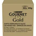 Gourmet Gold Feine Pastete, Katzenfutter nass, mit Kaninchen, Rind, Kalb, Lamm, 96er Pack (96 x 85g)