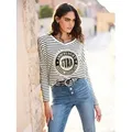 Langarmshirt HEINE "Ringelshirt", Damen, Gr. 40, beige (champagner, schwarz, geringelt), 50% Baumwolle, 50% Polyester, gemustert, gestreift, V-Ausschnitt, Langarm, Shirts