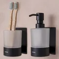 Dolvhin Seifenspender und Zahnputzbecher Set | Milchglas Handseifenspender & Zahnbecher | Edelstahl Zahnputzbecherhalter ohne Bohren | Wandseifenspender zum Kleben | Badezimmer Set | Schwarz Matt