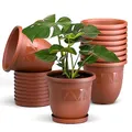 Plastard Blumentopf 10er Set 15 cm Durchmesser Terrakotta - runder Pflanzkübel mit Untersetzer aus Kunststoff - witterungsbeständiger Übertopf, großer Pflanztopf