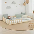 Homestyle4u Kinderbett 120x200 mit Rausfallschutz Natur Bodenbett Montessori Bett mit Lattenrost Kleinkindbett