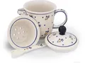 Orig. Bunzlauer Keramik Teebecher mit Deckel+Teesieb+Löffel Dekor 111 Teetasse